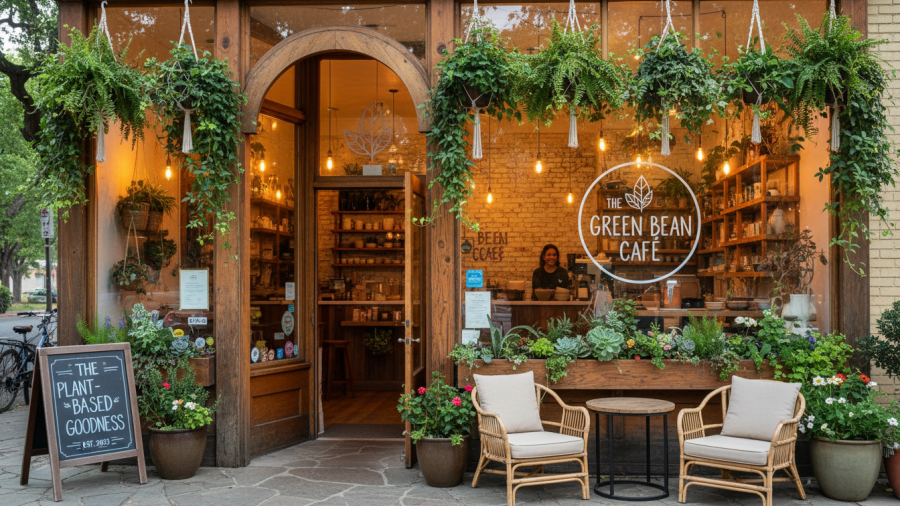 Inviting plant based cafe Sacramento storefront with greenery and a welcoming atmosphere.