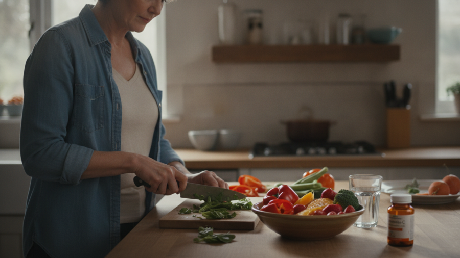 Woman preparing a meal with vitamin C-rich foods while a supplement bottle sits nearby.