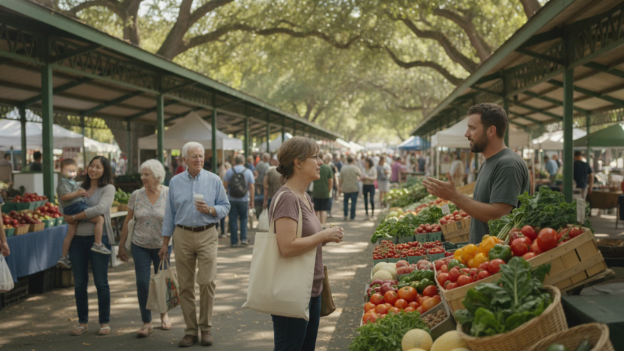 Vibrant Davis Farmers Market scene: shoppers, farmers, and fresh produce under trees.