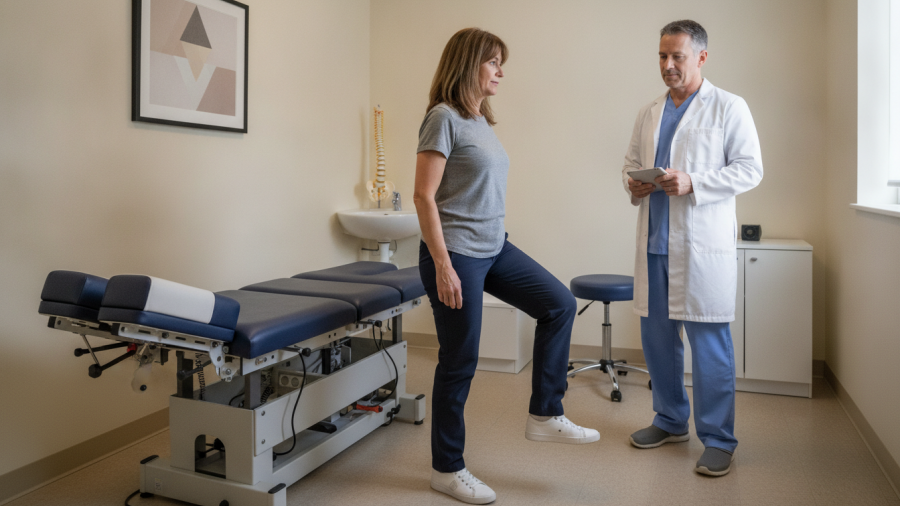Male chiropractor checking a female patient’s movement during a follow-up visit in a chiropractic treatment room