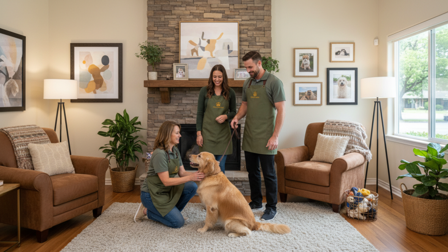Family-run Sacramento pet spa staff warmly greeting clients in cozy reception area
