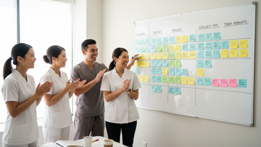 Spa team collaborating on a creative social media calendar with colorful ideas.