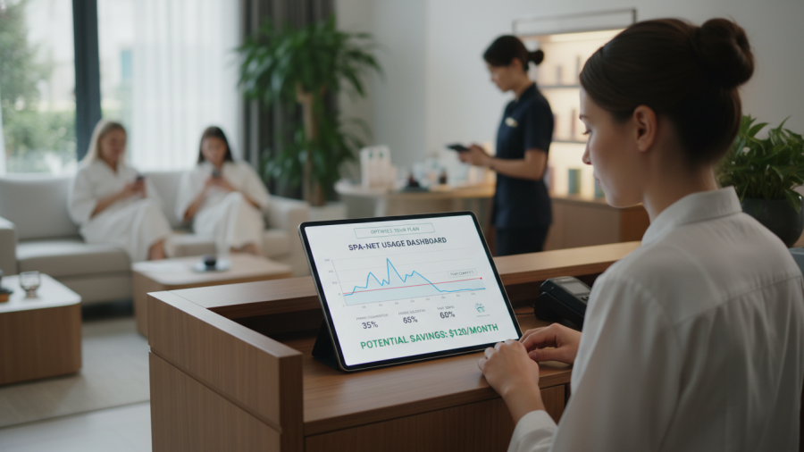 Dashboard view of internet usage for day spas to optimize business broadband plans.