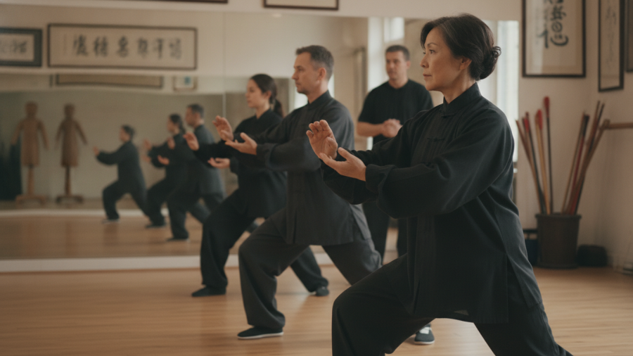 Tai chi in Sacramento: adults practicing Yang style for stress relief and balance.