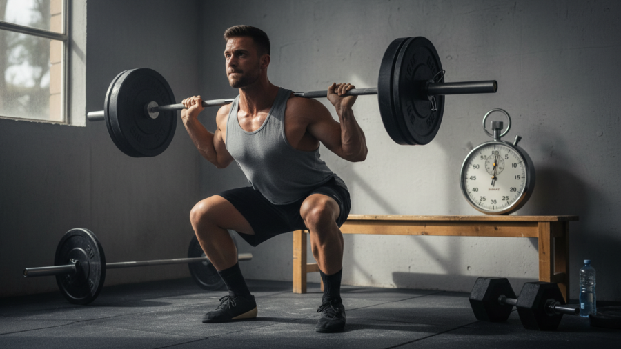 Focused individual performing a squat, showcasing effective workouts with minimal equipment.