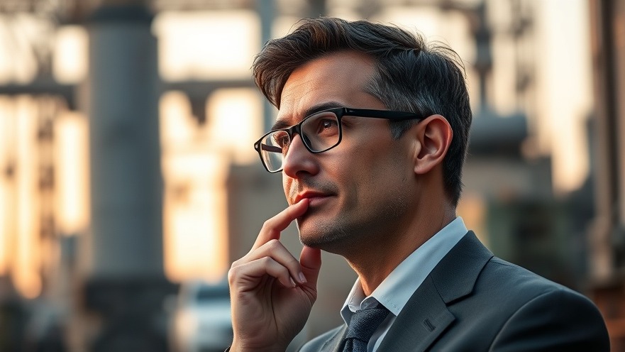 Confident business leader in thoughtful pose, warm lighting, inspiring transformation.