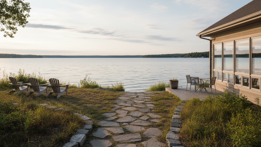 Tranquil lakeside view of The Lake Estate's eco-friendly wellness sanctuary.