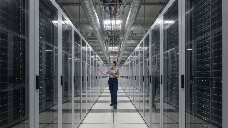 Realistic data center showcasing server racks and cooling systems, highlighting physical computing behind AI.