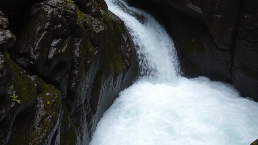 Narrow waterfall cascading through mossy rocks into a foamy pool.