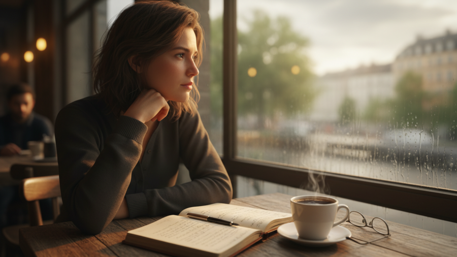 Thoughtful person at café, illustrating ventromedial prefrontal cortex effects on health and wellness.