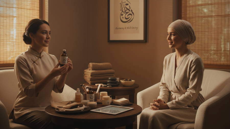 Culturally inclusive spa treatments: esthetician reviewing natural skincare ingredients.