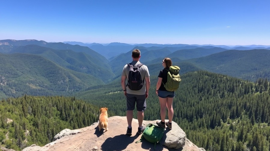 Two hikers and a dog admire a green canyon view on a rocky outcrop.