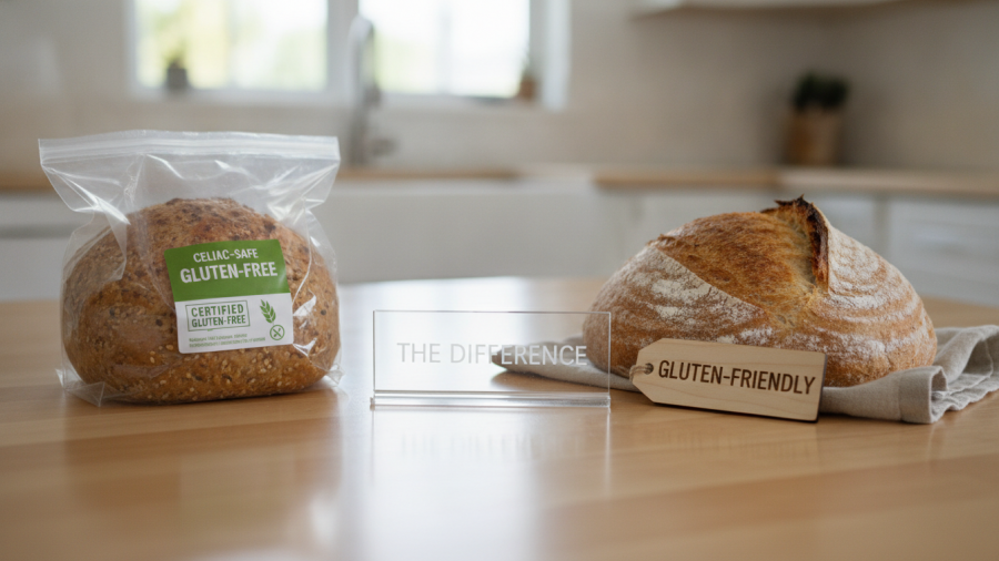 Celiac-safe vs gluten-friendly breads on a wooden surface, highlighting food safety.