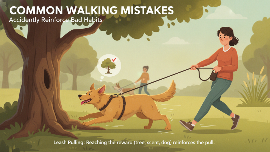 Common walking mistakes that reinforce leash pulling in dogs.