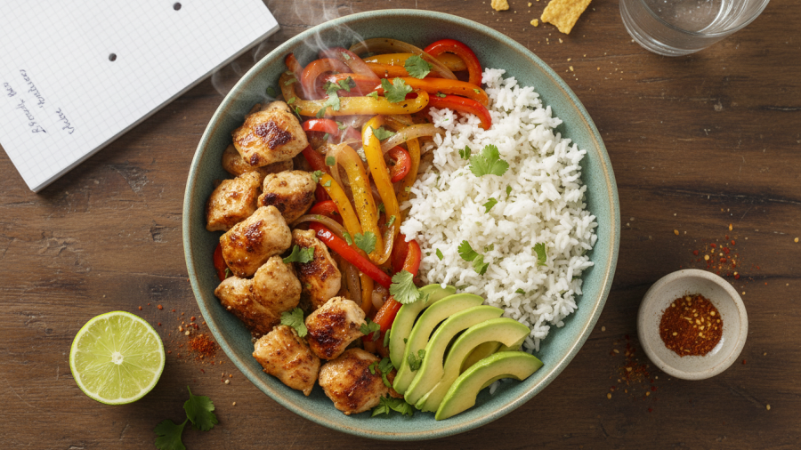 Colorful fajita bowl with roasted chicken and seasonal ingredients for healthy eating.