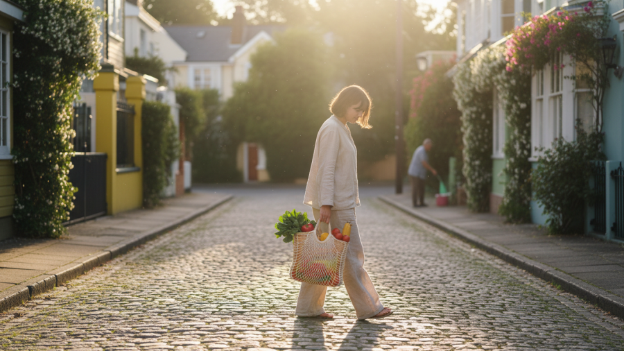 Person carrying a grocery tote of whole foods, highlighting healthy living and longevity nutrients.