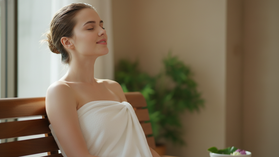 Young woman in a towel exhaling peacefully, illustrating spa effects after massage.