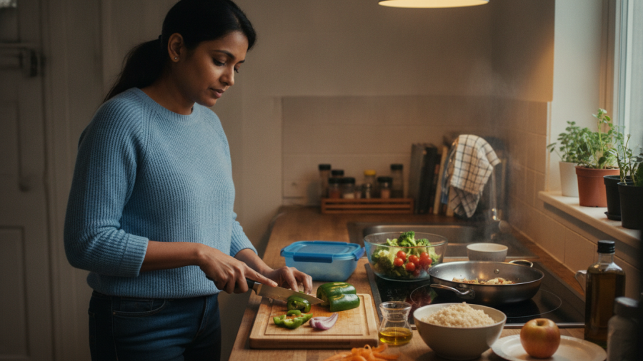 Adult preparing simple healthy meals in a cozy, functional kitchen after work.