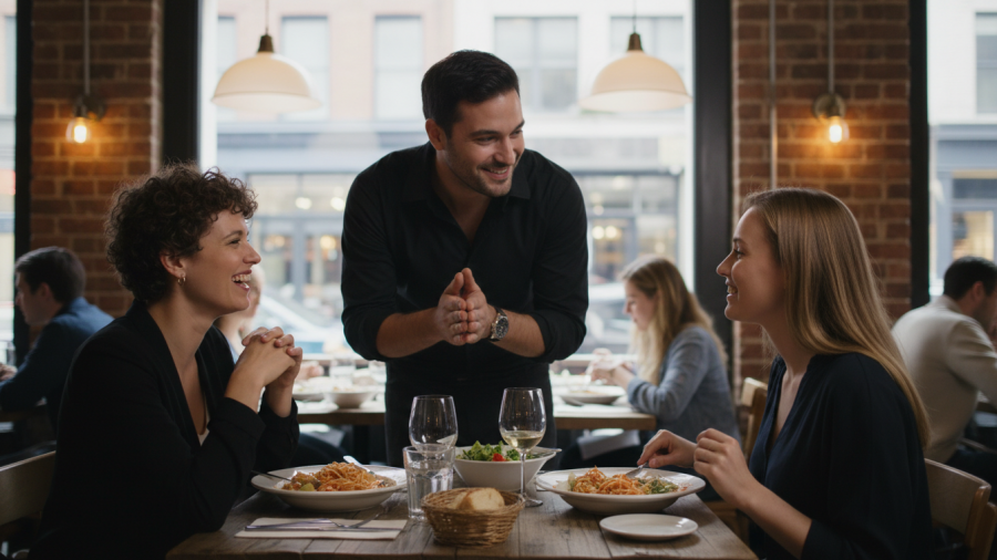 Friendly restaurant staff engaging with happy customers for genuine service.