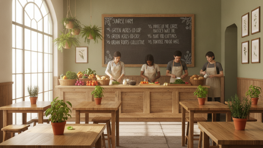 Inviting plant-based café in Sacramento with natural light and fresh herbs.