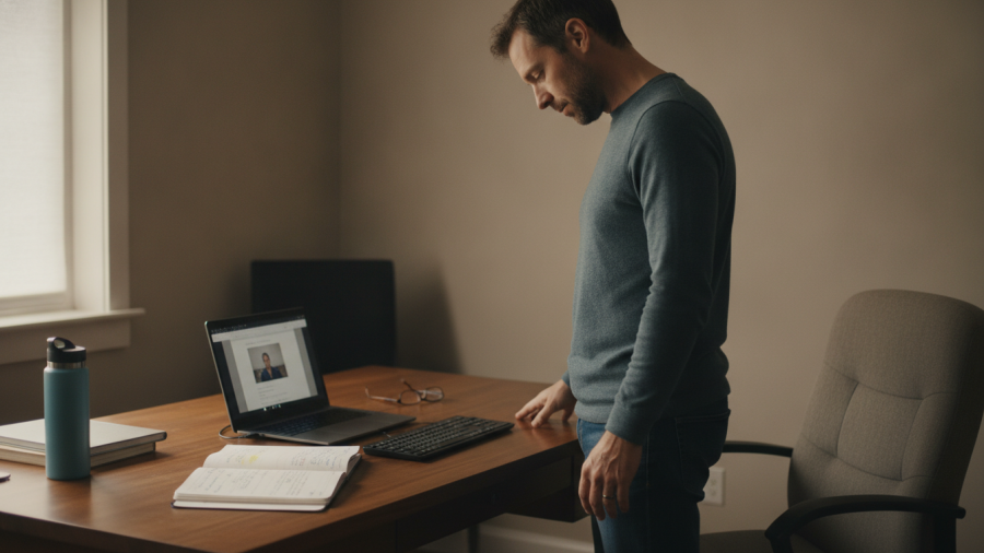 A man performing gentle vagus nerve exercises in a home office to reduce anxiety.