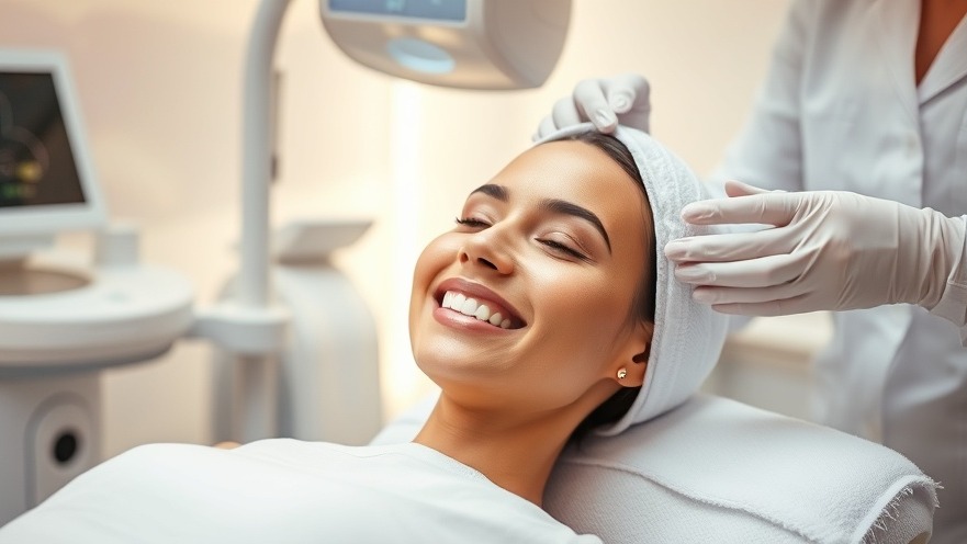 Happy client at a med spa, glowing skin, modern equipment, and soft pastels.
