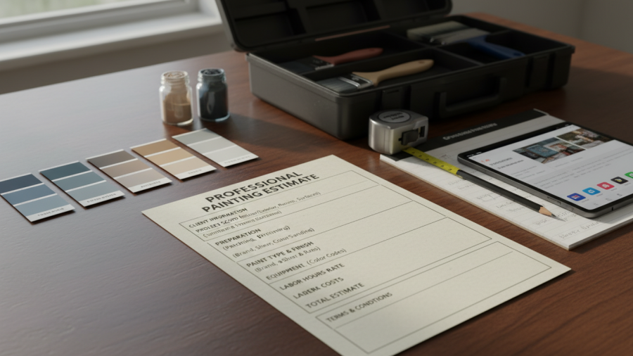 Professional paint quote checklist with samples and tools on a modern table.