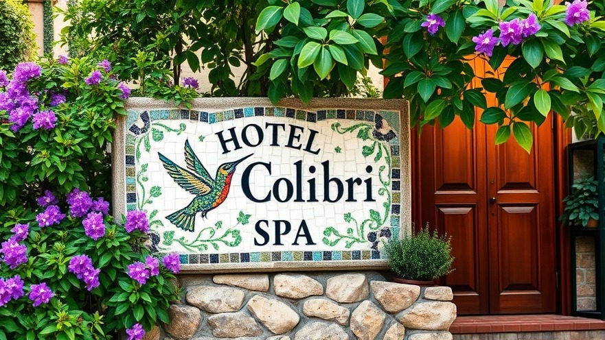 Handcrafted Hotel El Colibri Spa sign surrounded by blooming flowers and leafy greenery.