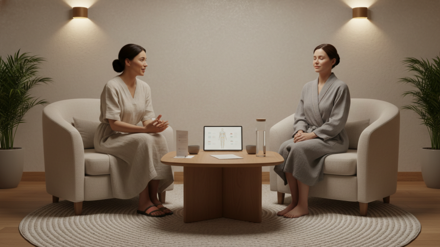 Relaxing spa consultation for PEMF therapy, promoting natural healing and wellness.