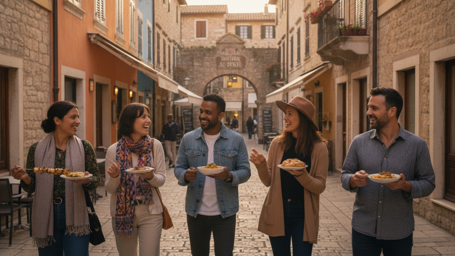 Diverse crowd enjoying vibrant walking food tours with 5 people and a tour guide.