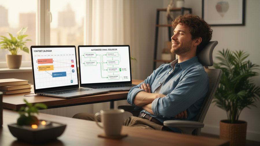 Content marketing strategies and marketing automation benefits visible on a laptop screen.