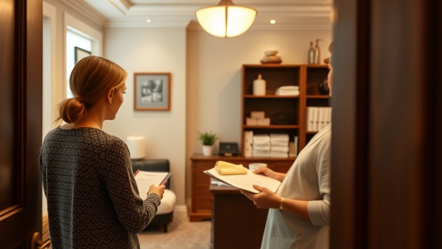 Calm spa office where a manager reviews client notes, ensuring a great guest experience.