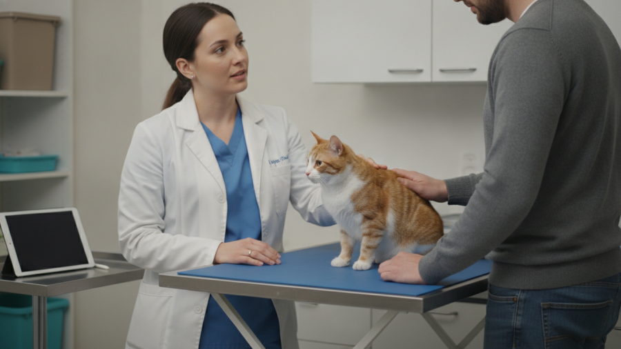 Veterinarian discusses wet vs dry cat food options with a cat owner in a calm exam room.