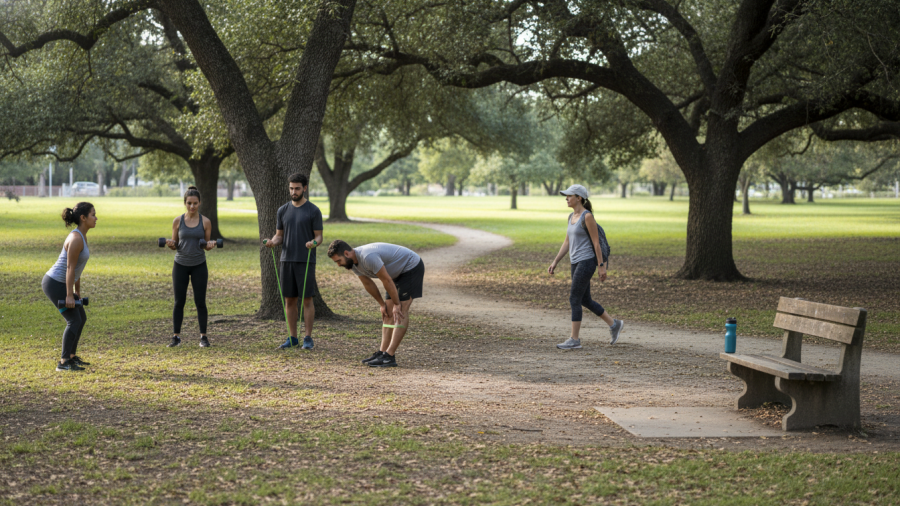 Outdoor fitness scene in Sacramento showcasing strength training and community support.