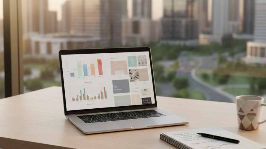 Modern workspace with analytics, branding notes, and vibrant cityscape.