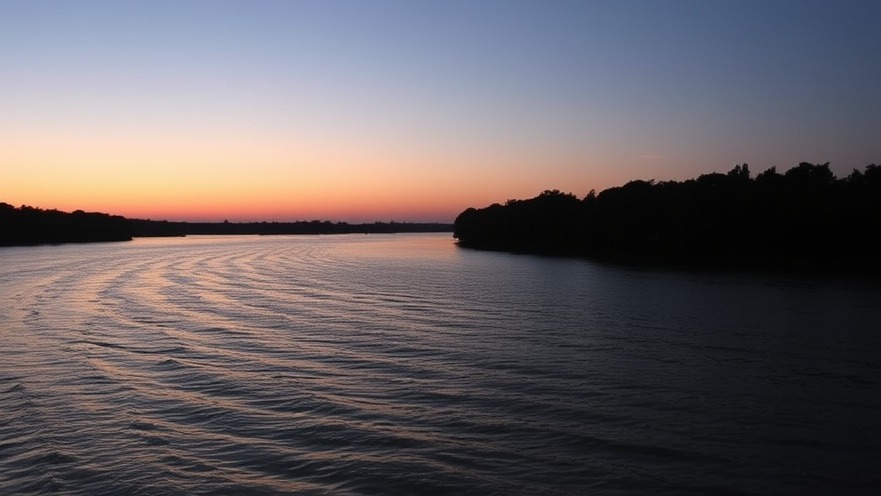 Serene twilight over a wide river, showcasing sunset colors and natural beauty.