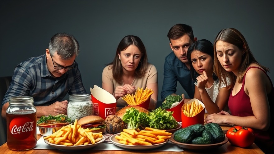 Concerned family examines unhealthy food impacts at a table, contrasting with fresh vegetables.