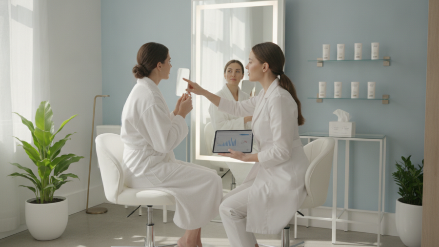 Professional skin consultation: client and expert discussing skincare in bright spa.