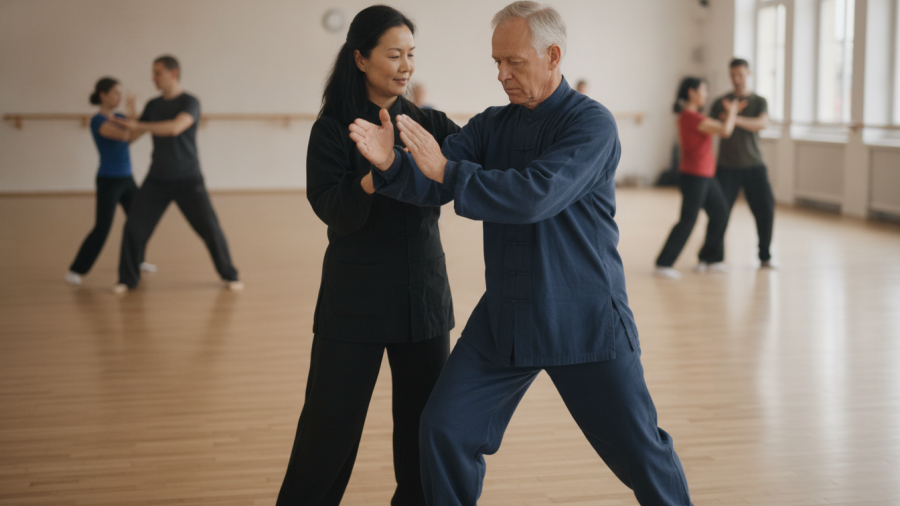 Instructor guides student in Yang-style tai chi for balance and stress relief in Sacramento.
