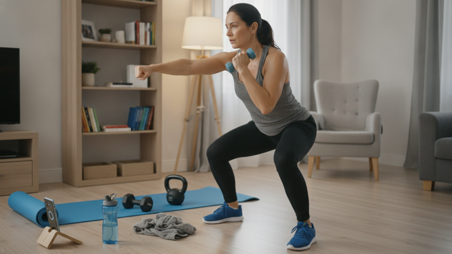 Woman executing squat-to-cross-body-punch, showcasing jump rope alternatives in home workout.