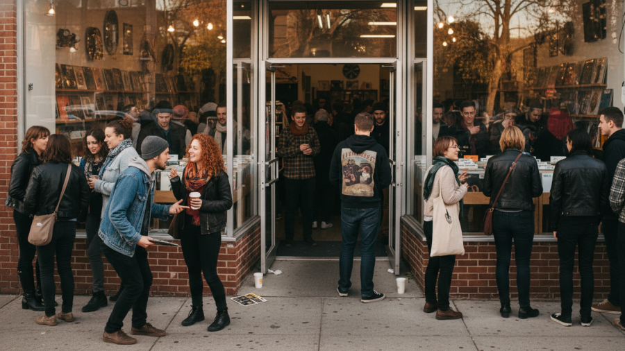 Community vibes at Sacramento vinyl revival event with lively interactions outside record store.