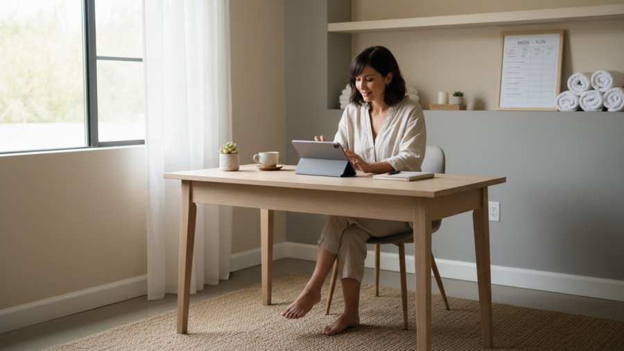 Spa owner calmly reviews payroll in a serene, organized back-office setting.