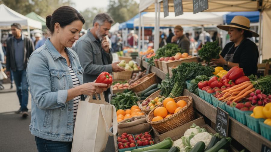 Woman choosing fresh fruits and vegetables at a Sacramento-area farmers market.
