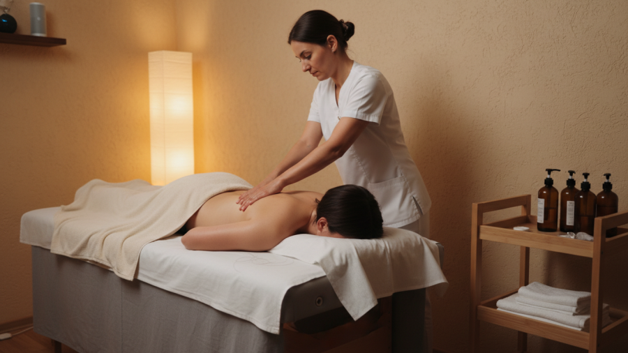 Therapist performing a massage in a cozy, real spa treatment room.