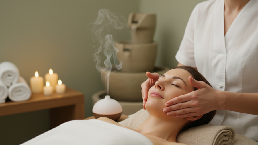 Relaxing modern spa treatment scene with gentle massage in soft lighting.