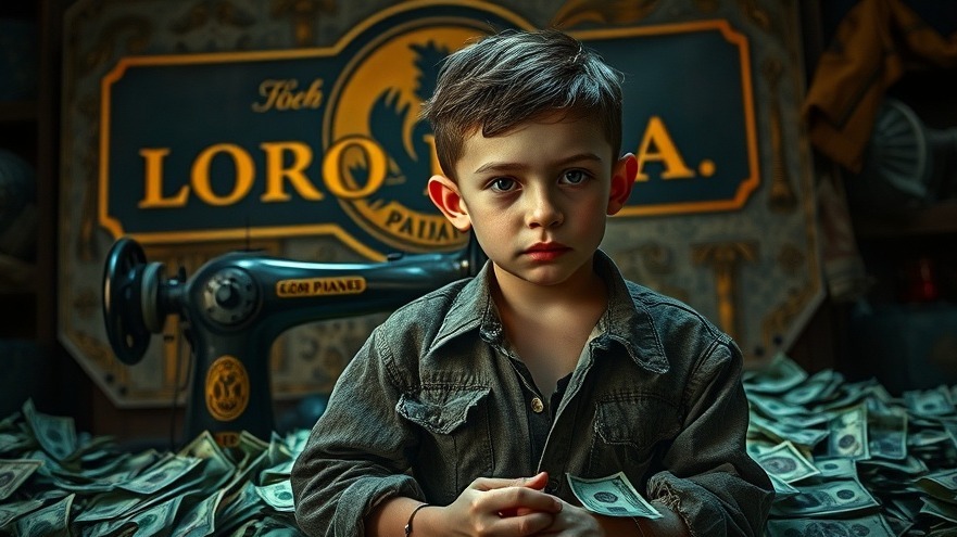 Determined boy in tattered clothing with luxury sewing machine, embodying quiet luxury.