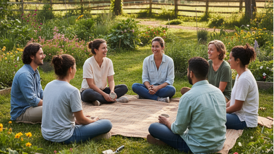 Group practicing mindful breathing and body scan meditation in a sunny garden.