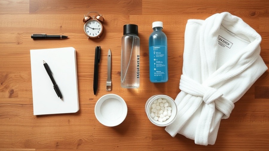 Wellness toolkit flat-lay: journal, pen, timer, hydration bottle, bath salts, robe.