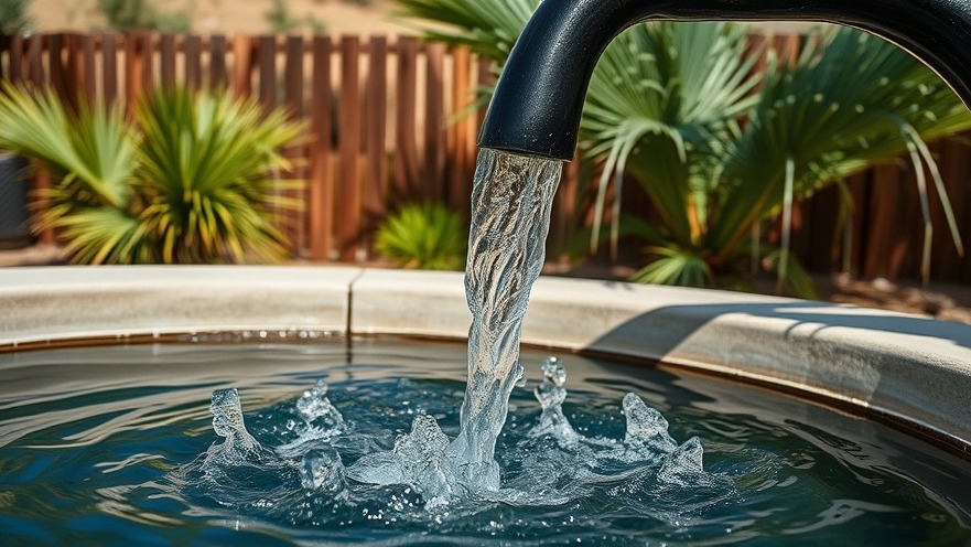 Close-up of mineral spring water gushing from a spout into a pool, reflecting nature's beauty.