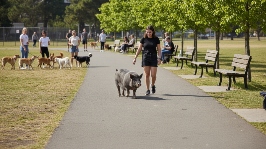 Community bonding in a vibrant pet-friendly park with dogs and a pig enjoying local events.